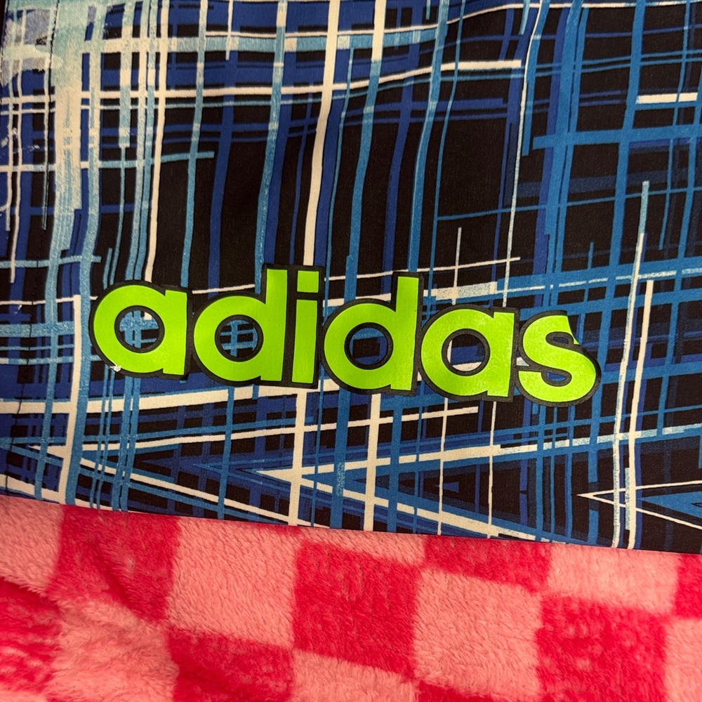 Adidas Blue and Lime Plaid Men’s Swim Trunks - Picture 2 of 5